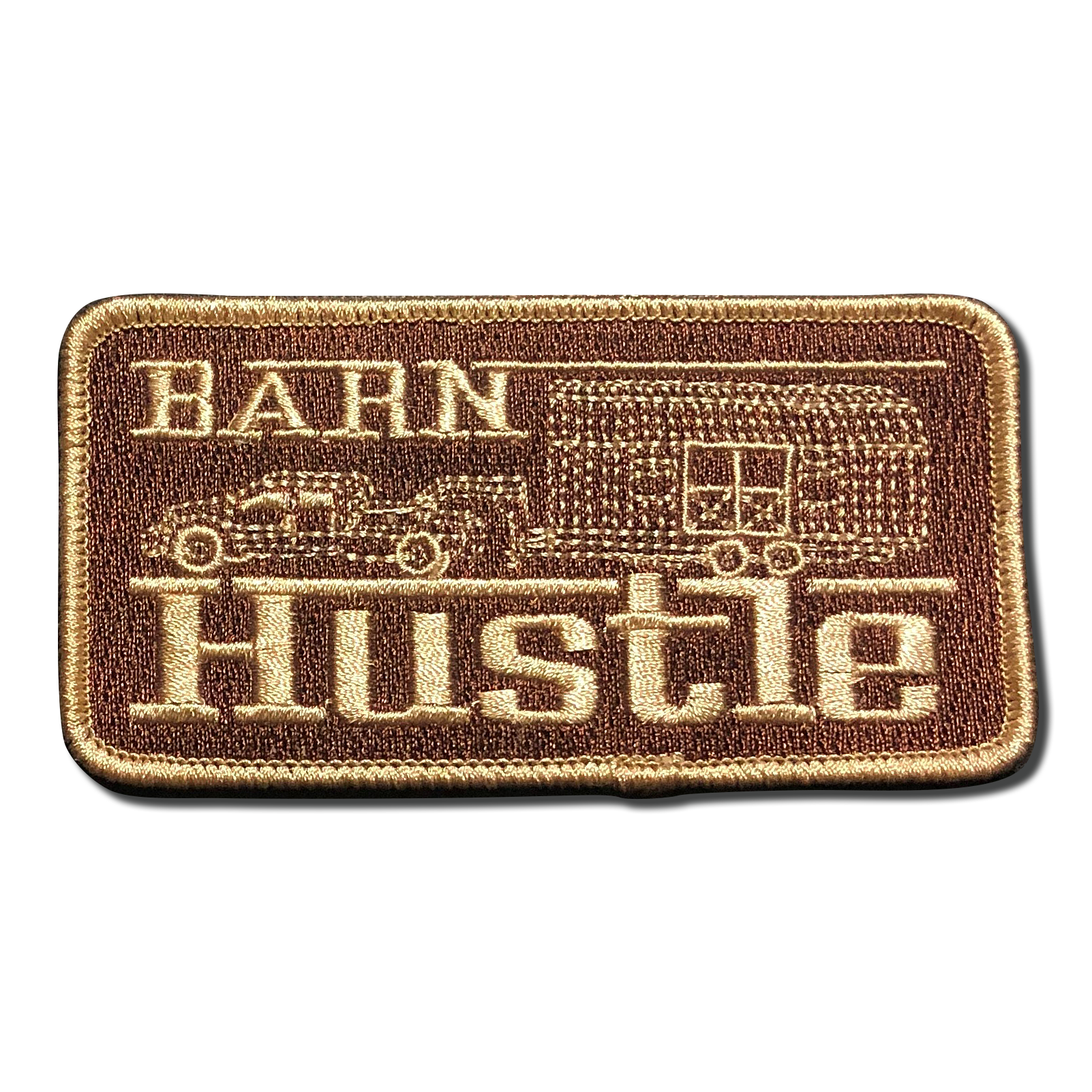 Barn Hustle Patch in Brown and Gold. Photo Gallery Image from A-B Emblem.