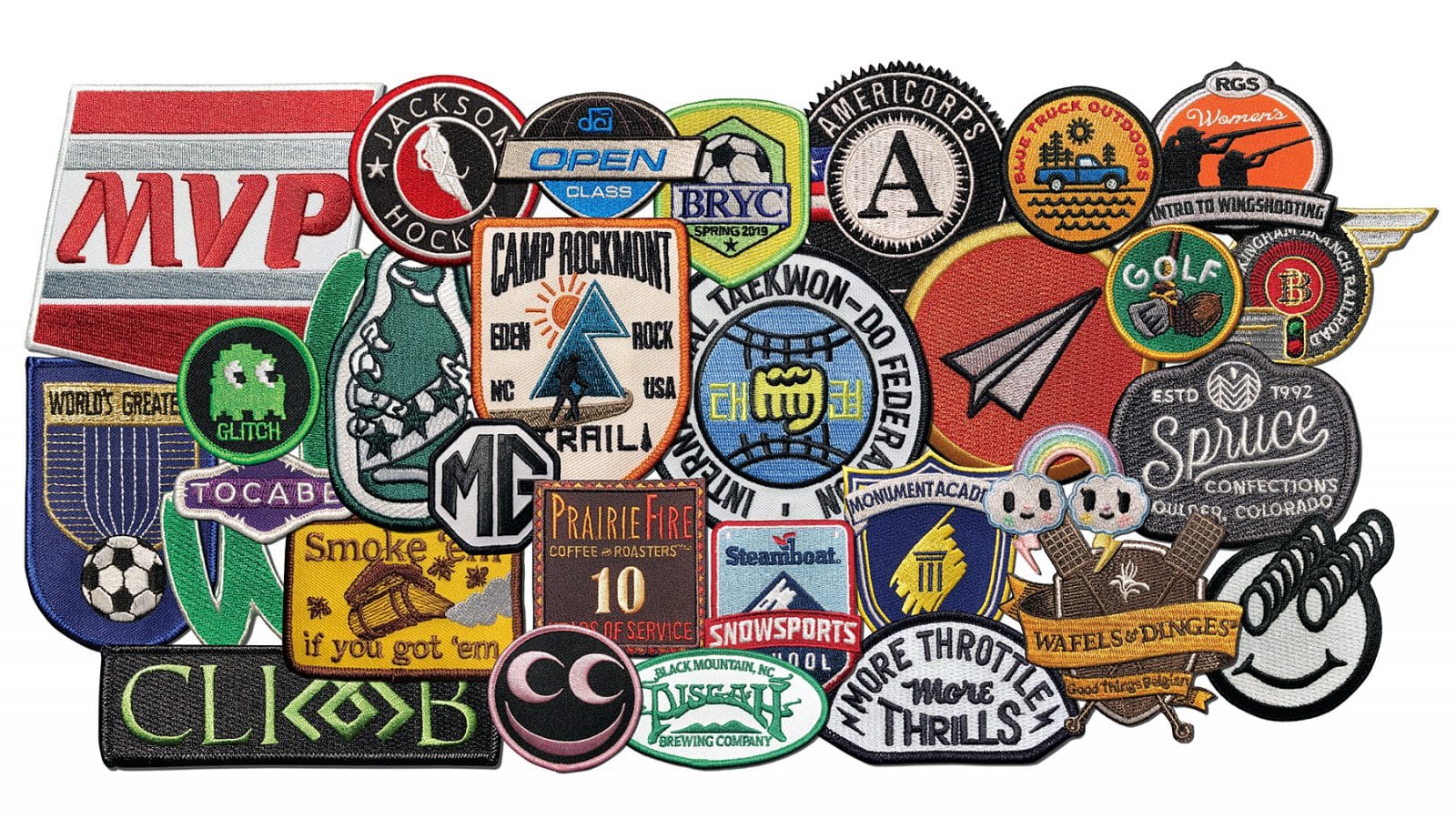 Custom Patch Photo Gallery image. Patch collage showing many styles, types, colors and sizes of patches made by A-B Emblem for actual clients.